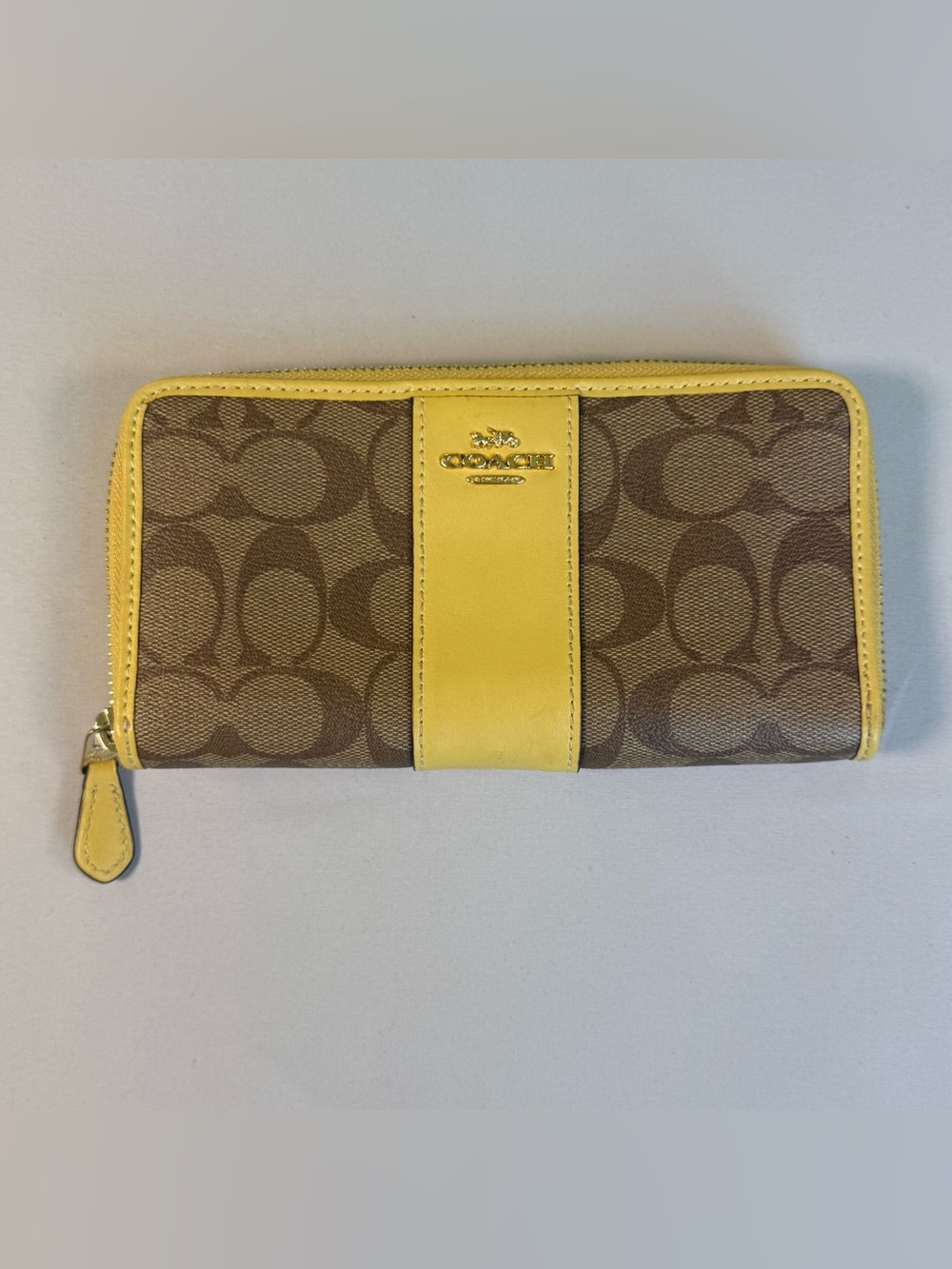 Coach Brown Signature Wallet with Yellow Leather Trim
